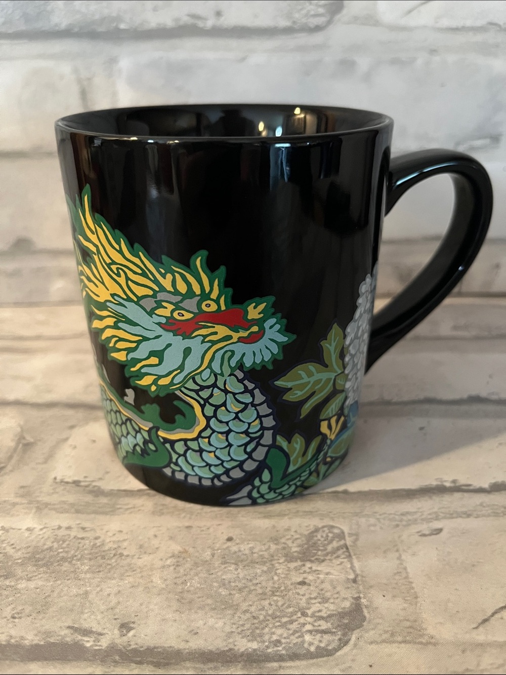 William Sonoma Dragon coffee mug 12 oz black bright color Schumacher